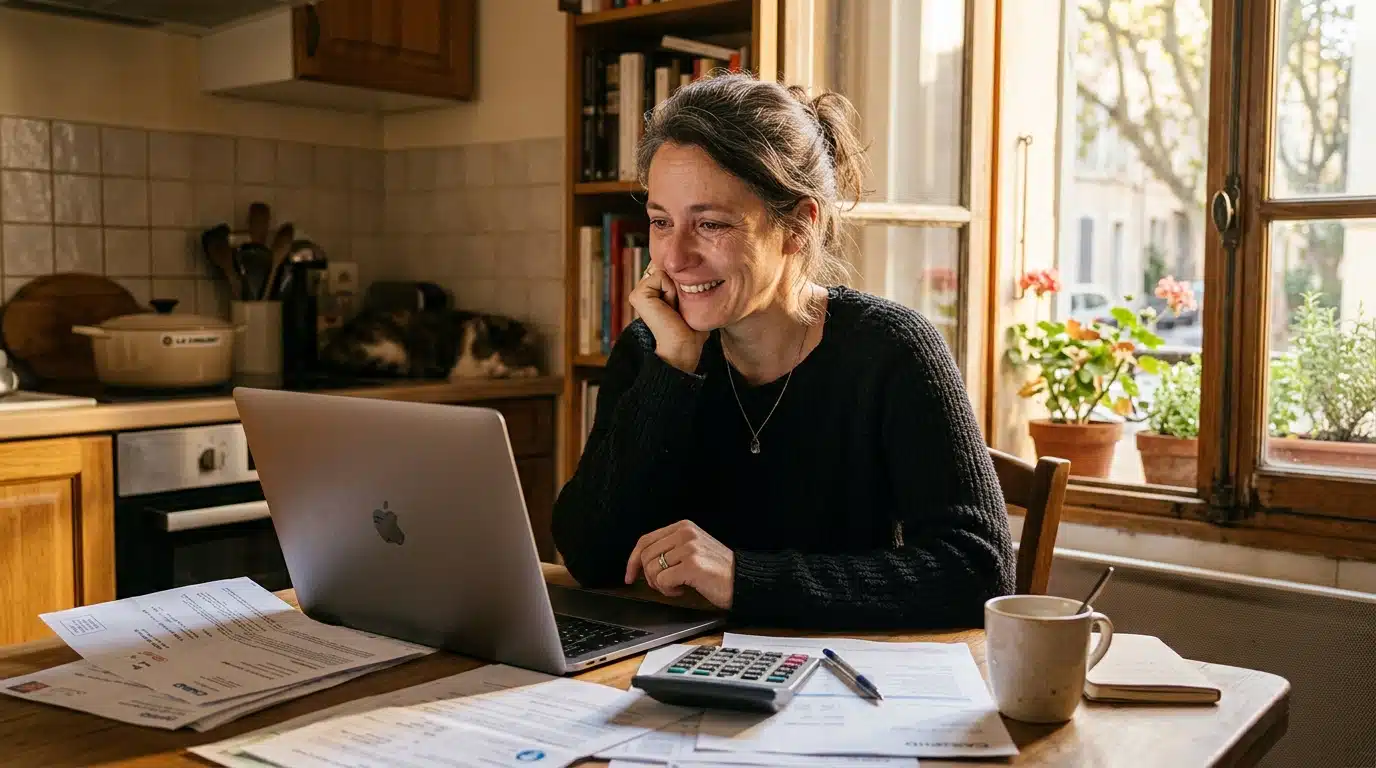 Mère de famille française vérifiant son budget de rentrée scolaire
