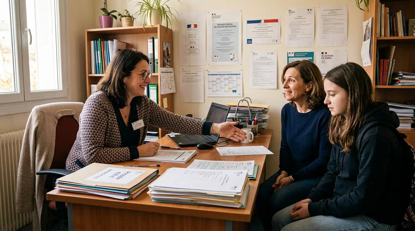Assistante sociale scolaire aidant une famille en difficulté