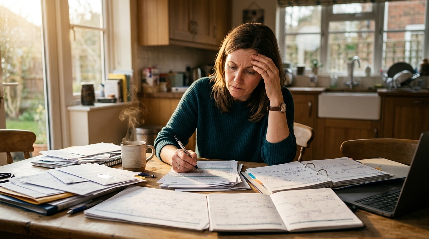 Femme débordée par l'organisation de la rentrée à la maison