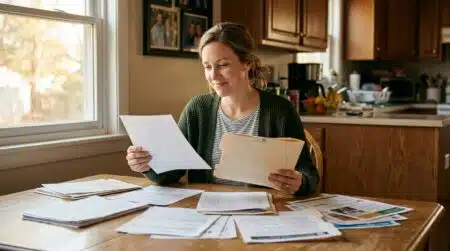 Parent prépare les papiers de rentrée scolaire à la maison