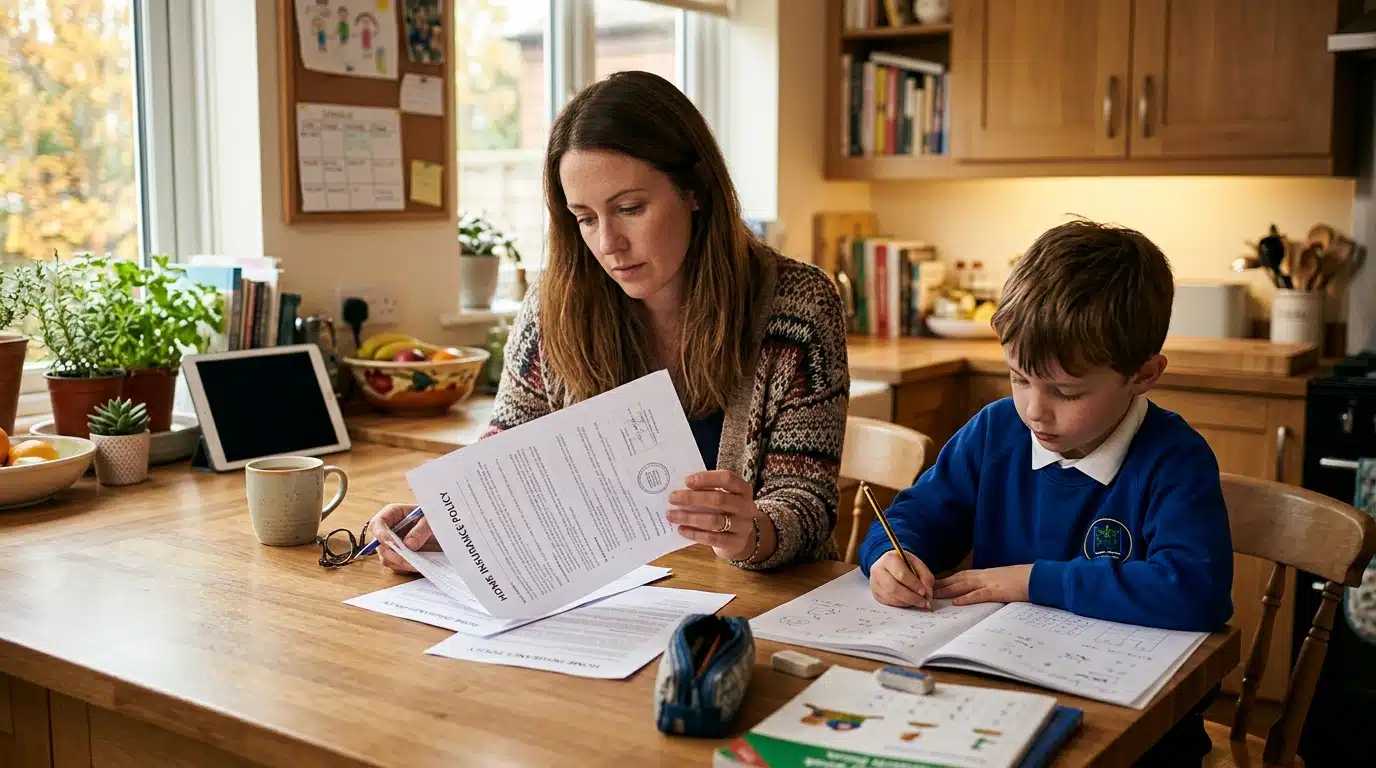 Mère vérifie son contrat d'assurance habitation pour l'école