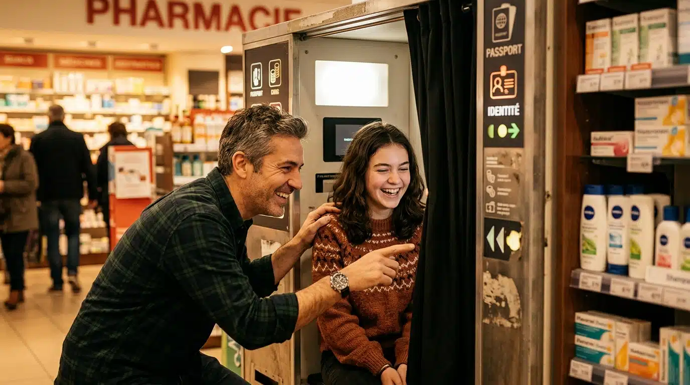 Père et fille prennent une photo d'identité en photomaton
