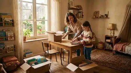 Parent et enfant réorganisant le bureau de la chambre