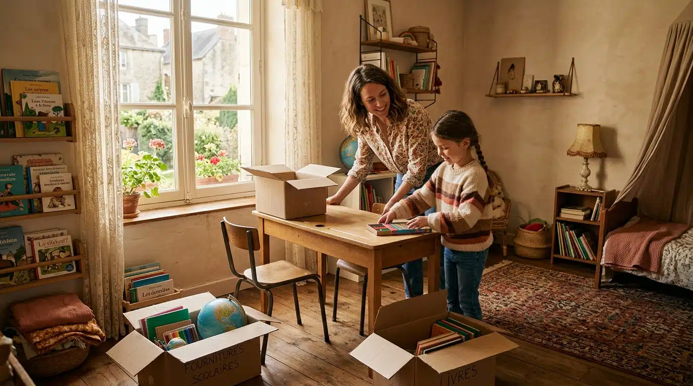 Parent et enfant réorganisant le bureau de la chambre
