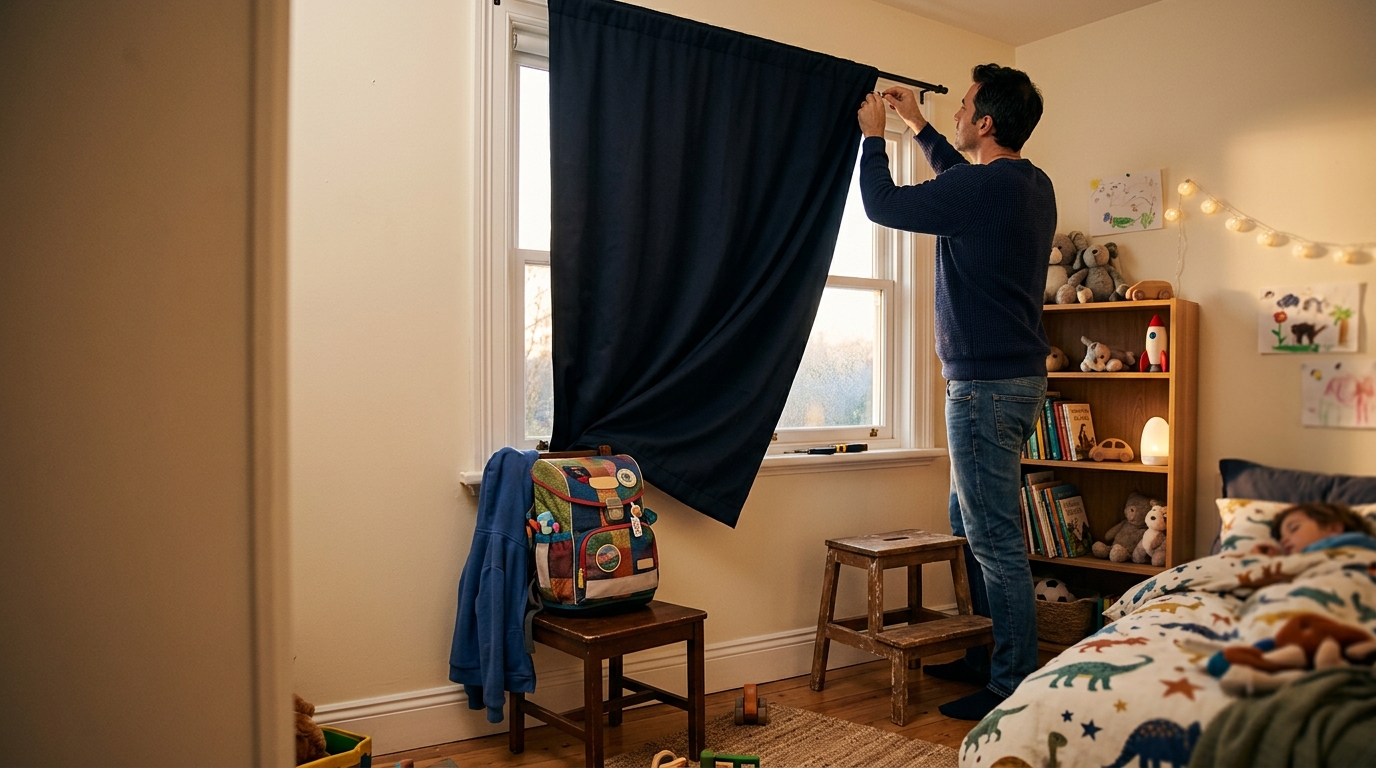 Installation d'un rideau occultant dans une chambre d'enfant