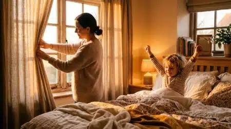 Mère ouvrant les rideaux pour réveiller son enfant en douceur