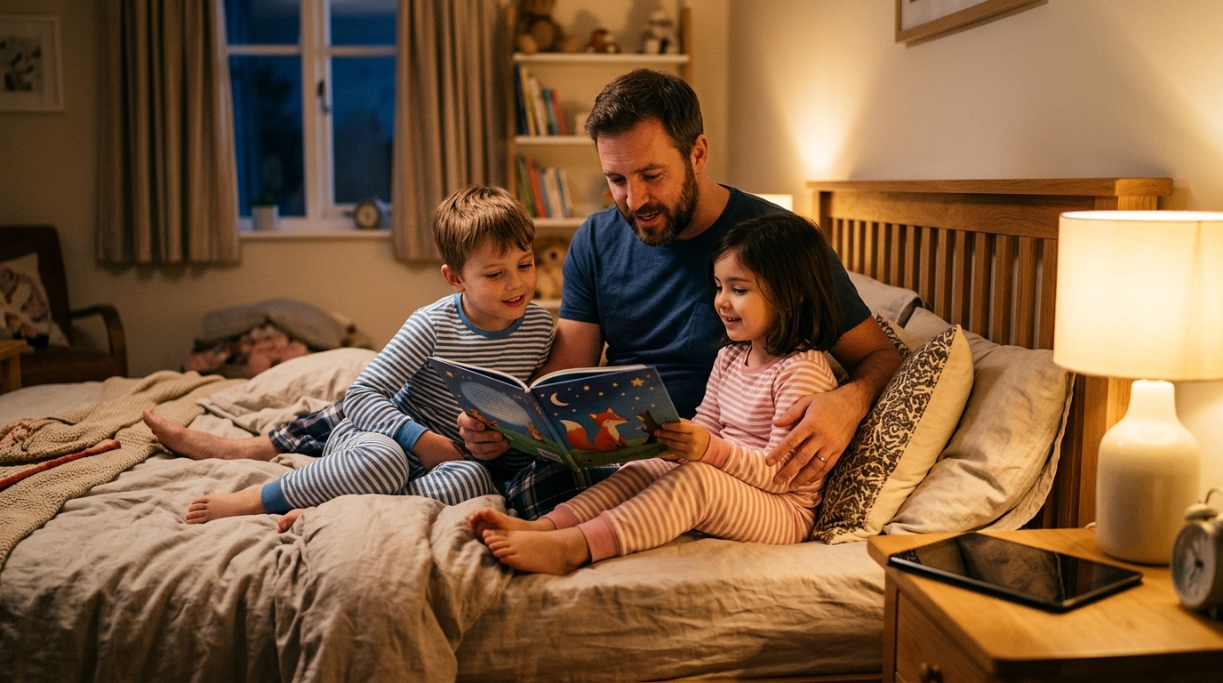 Père lisant une histoire du soir à ses enfants avant le coucher