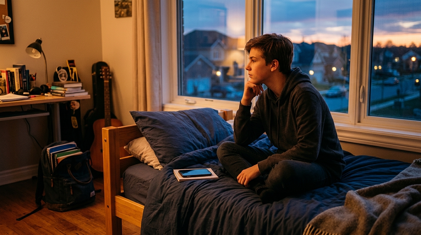 Adolescent pensif dans sa chambre avant la rentrée scolaire