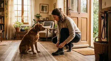 Femme qui part au travail, chien anxieux près de la porte