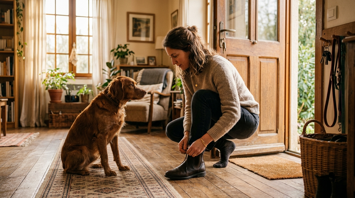 Femme qui part au travail, chien anxieux près de la porte