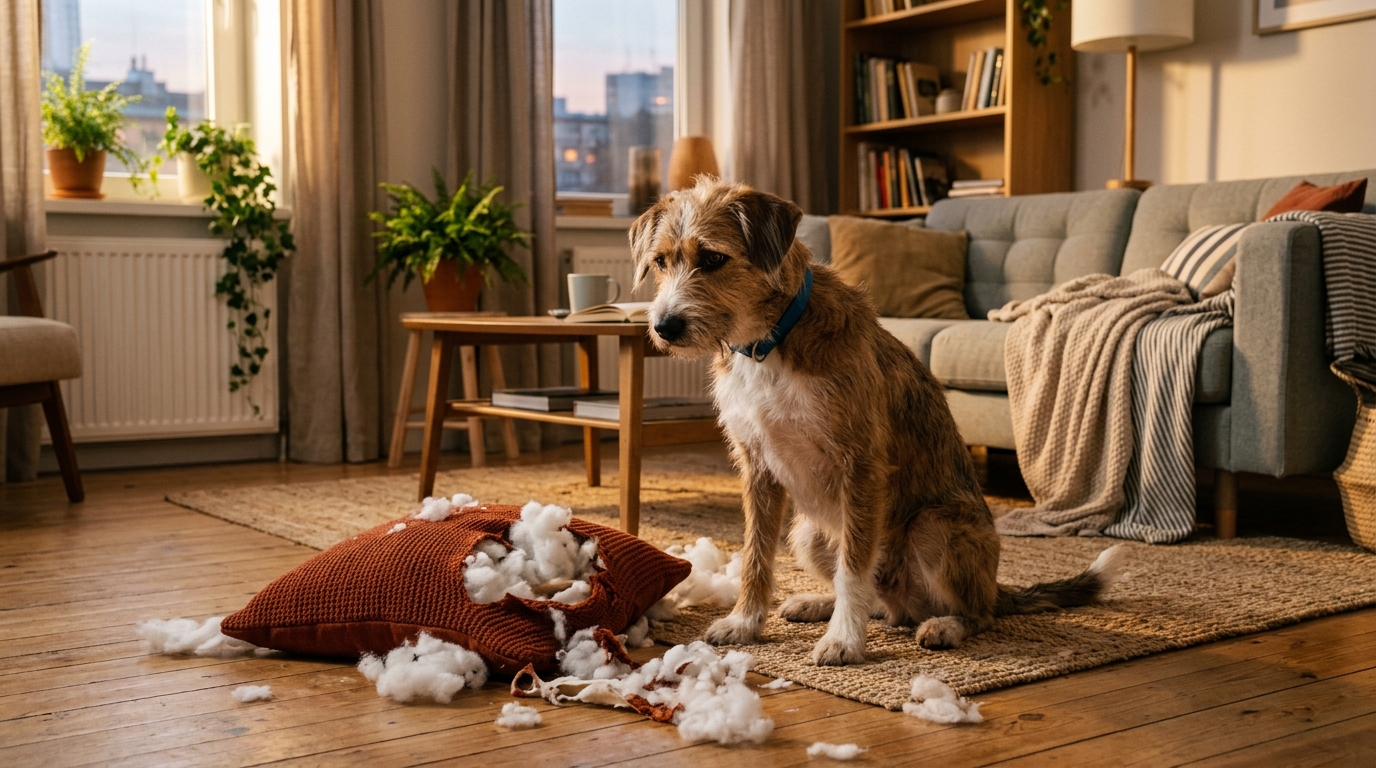 Chien anxieux à côté d'un coussin déchiqueté au sol