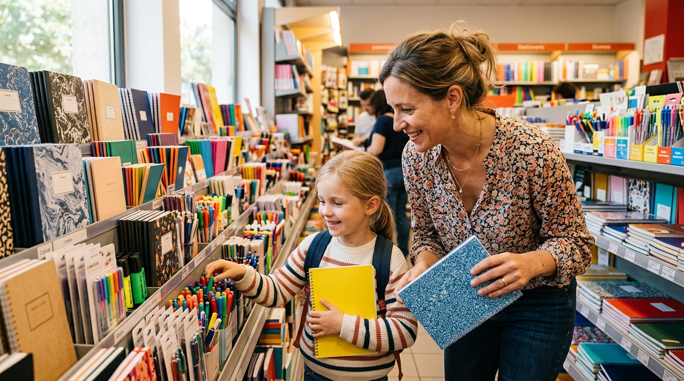 Mère et fille achetant des fournitures scolaires en magasin