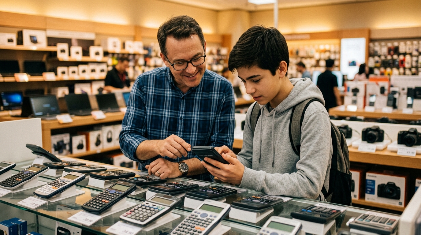 Père et fils choisissant une calculatrice scientifique