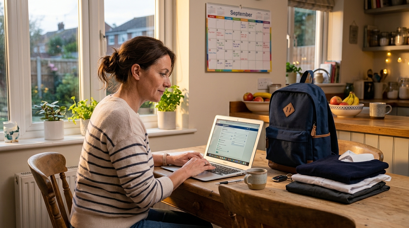 Mère remplissant le dossier d'assurance scolaire à la maison