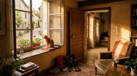 Chat seul près d'une fenêtre dans un salon vide