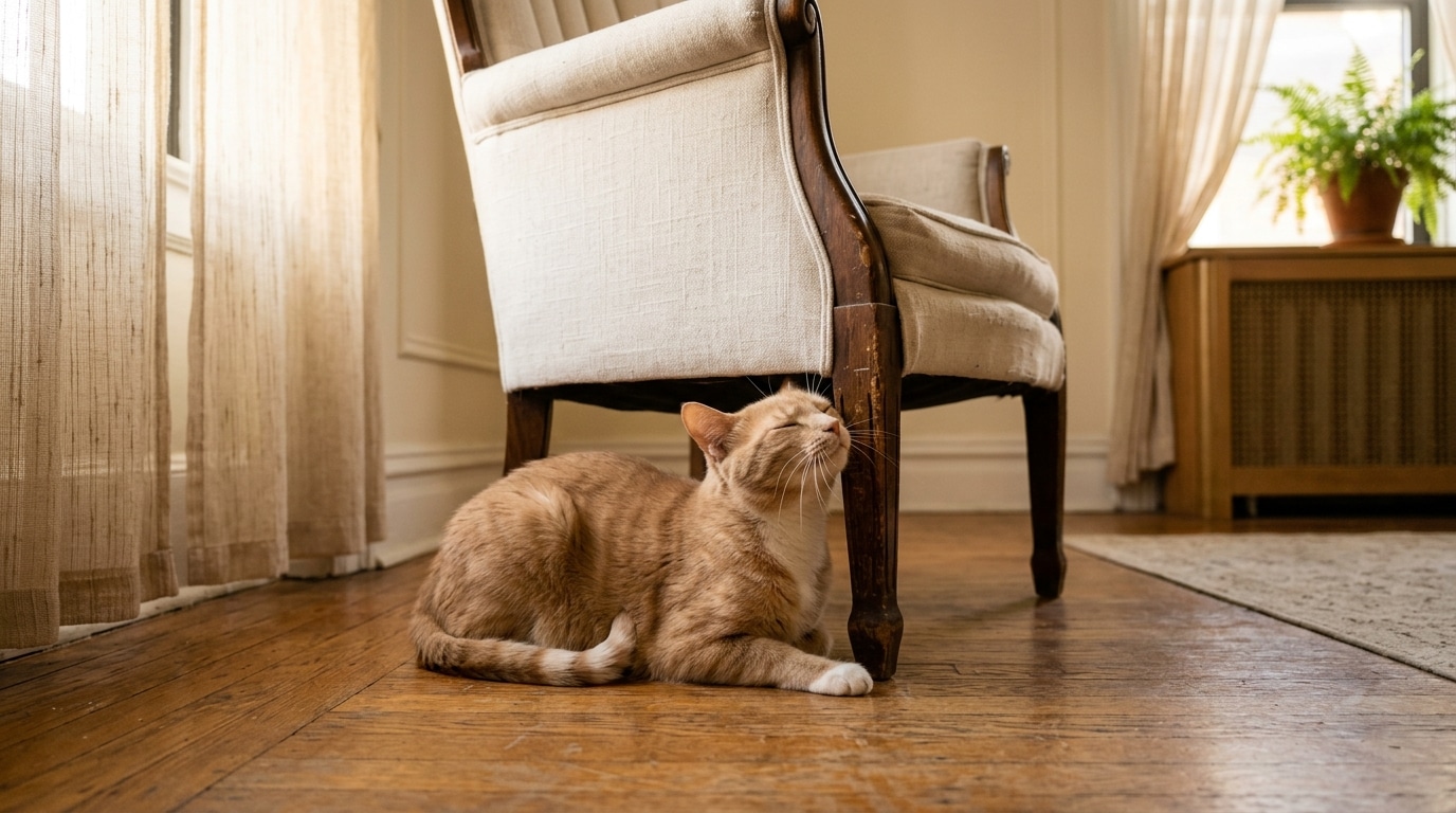 Chat frottant sa tête contre un meuble du salon