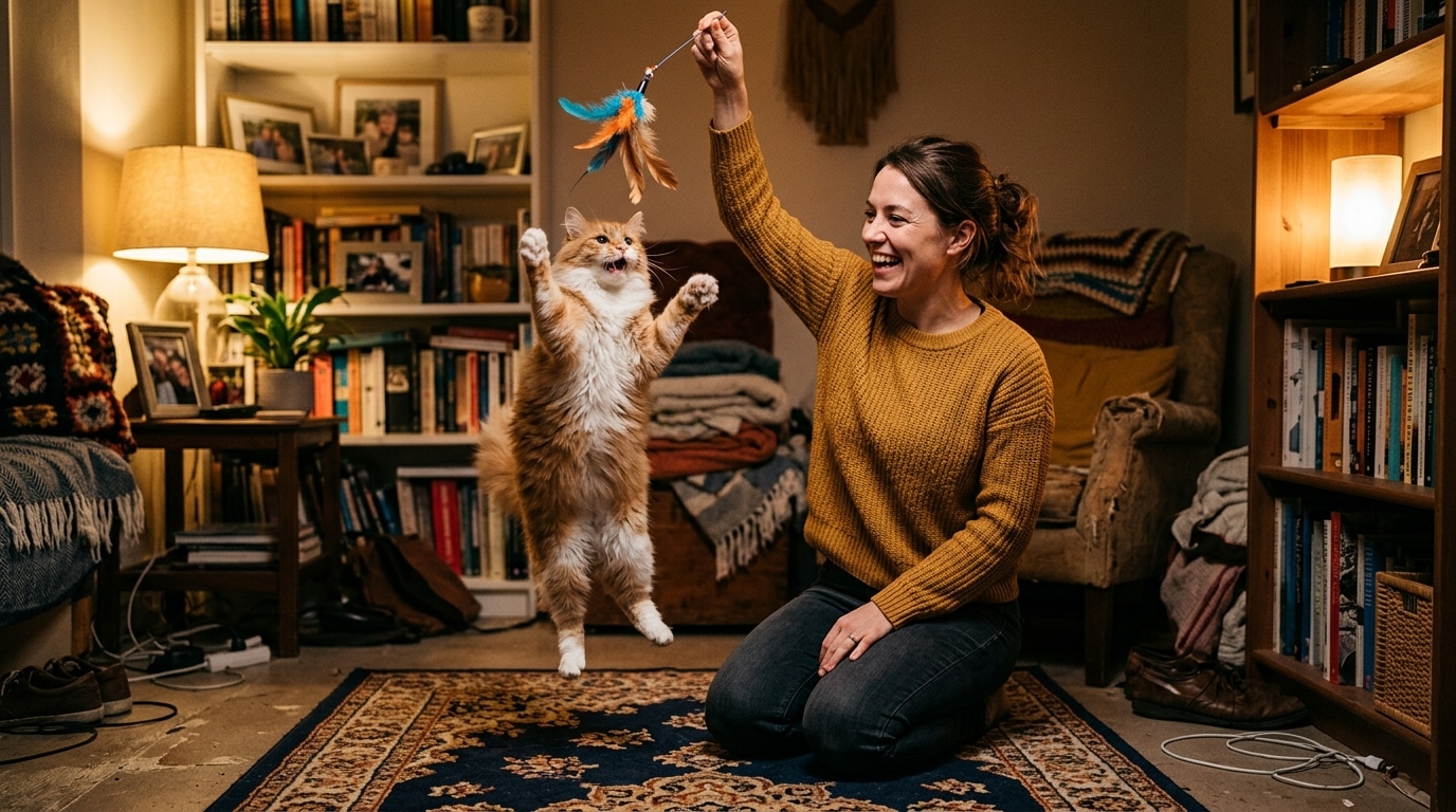 Femme jouant avec son chat le soir au salon