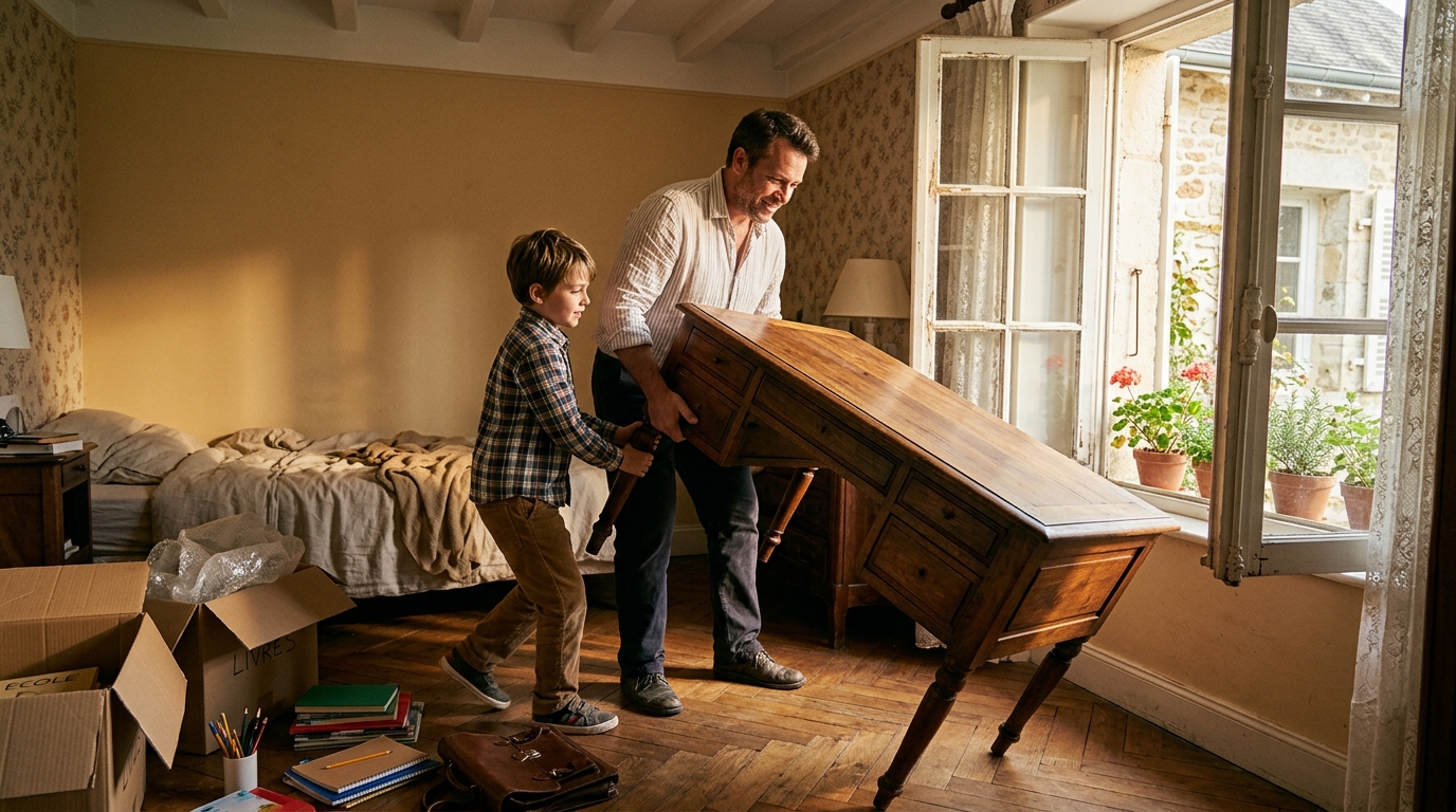 Enfant et parent repositionnant un bureau près d'une fenêtre