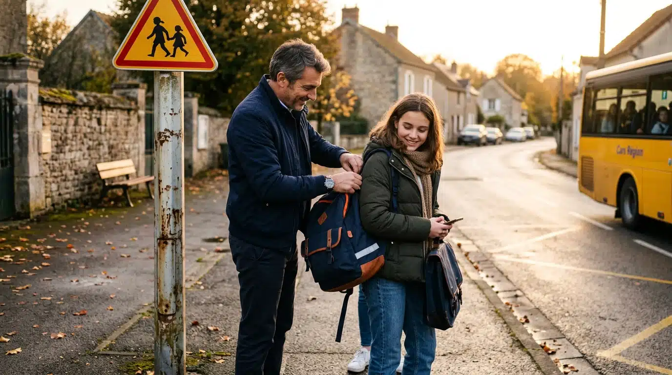 Père et fille devant un arrêt de bus scolaire