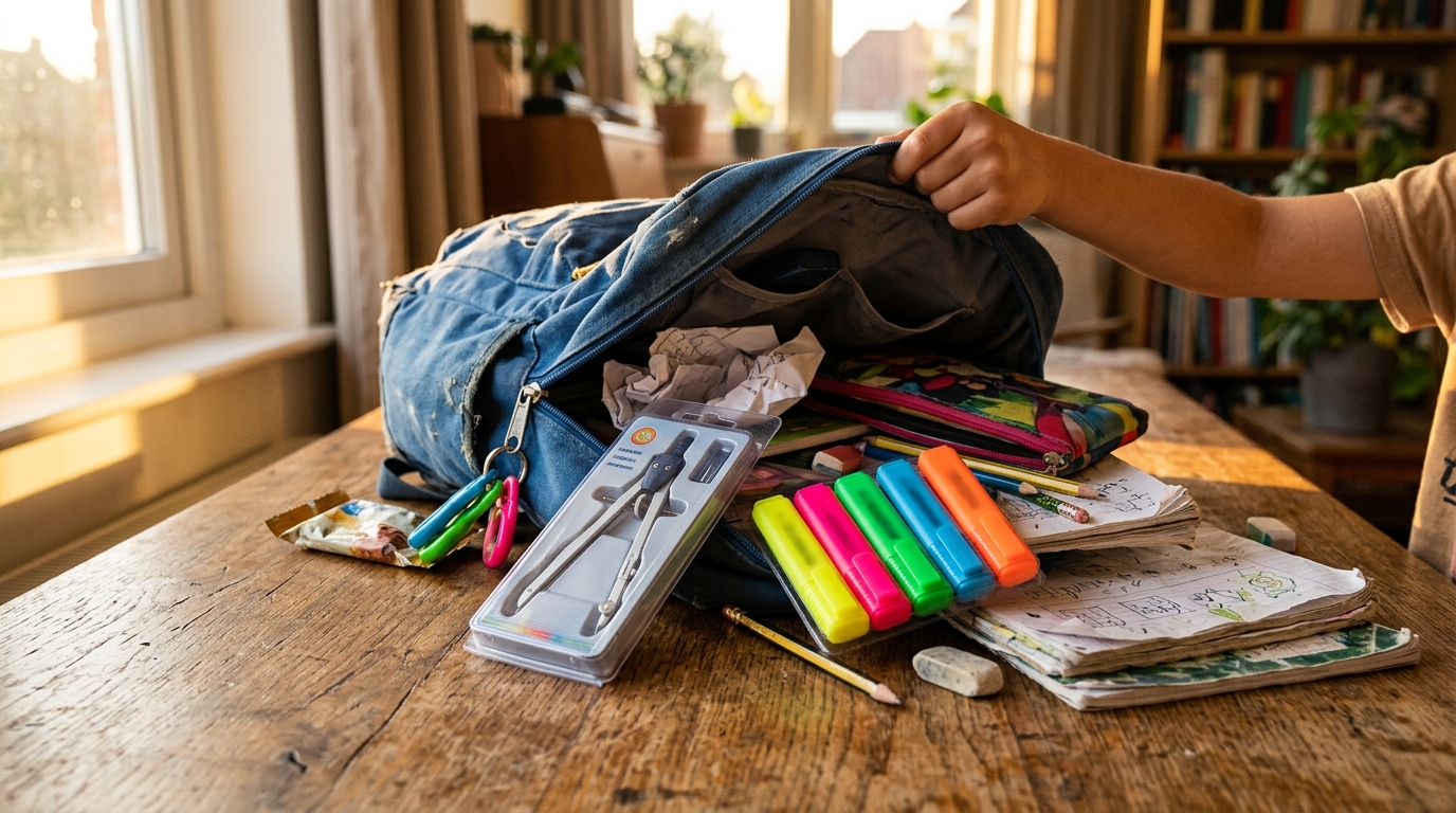 Compas et surligneurs neufs jamais utilisés dans un cartable