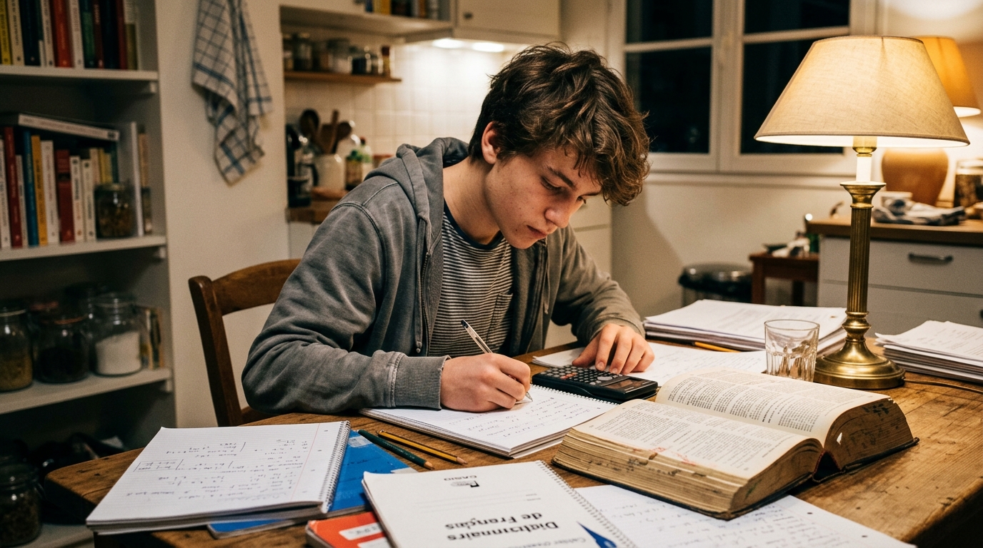 Adolescent utilisant une calculatrice basique à la maison