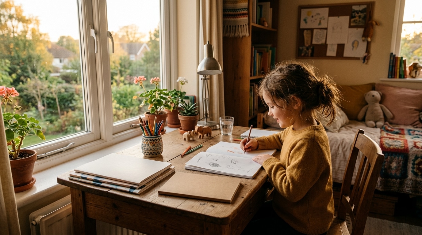 Bureau d'enfant positionné perpendiculairement à la fenêtre