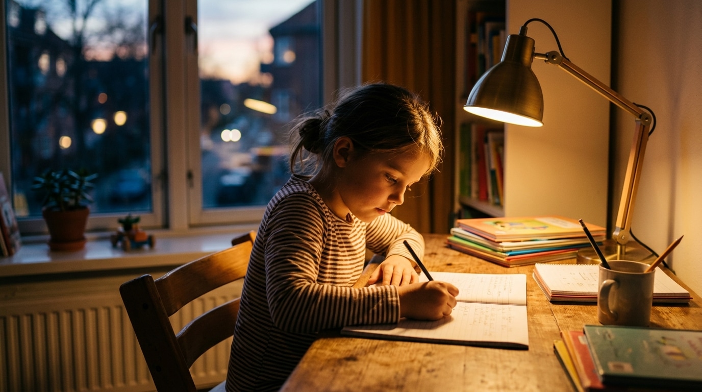 Enfant faisant ses devoirs sous une lampe chaude