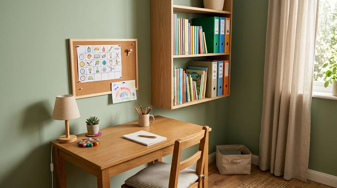 Coin bureau avec étagère murale et panneau en liège