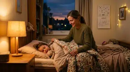Enfant couché doucement par sa mère le soir