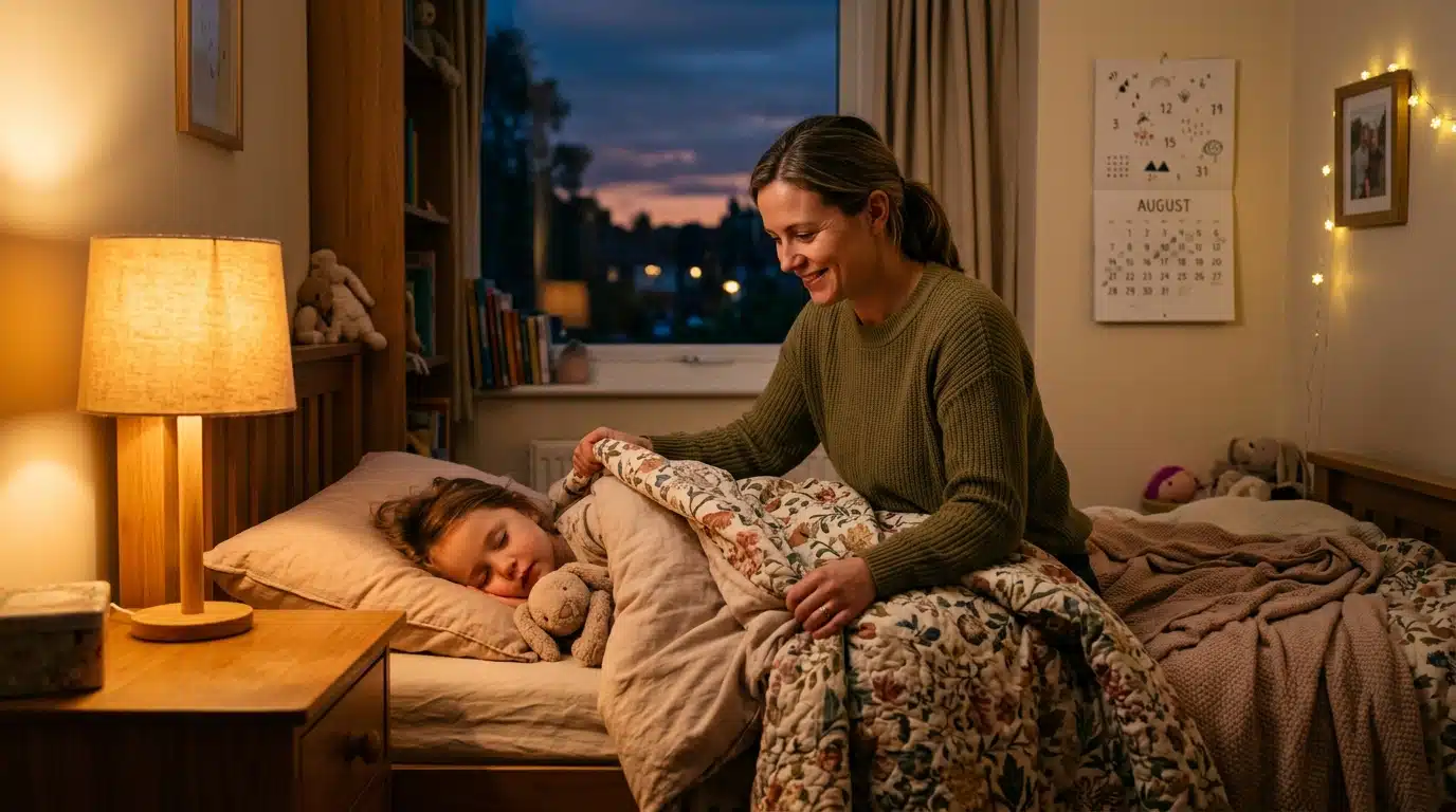 Enfant couché doucement par sa mère le soir