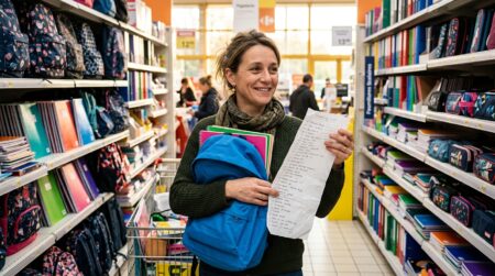 Mère de famille devant un rayon de fournitures scolaires