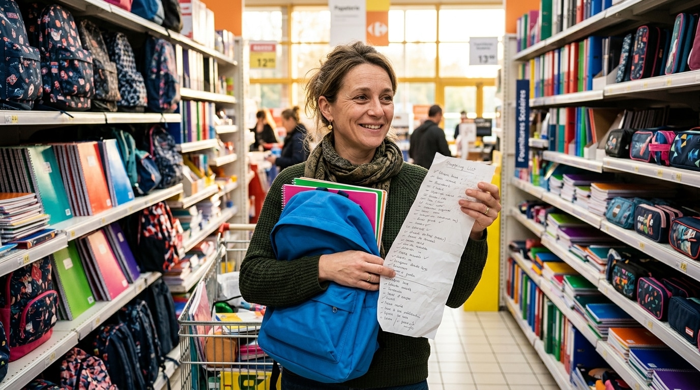 Mère de famille devant un rayon de fournitures scolaires