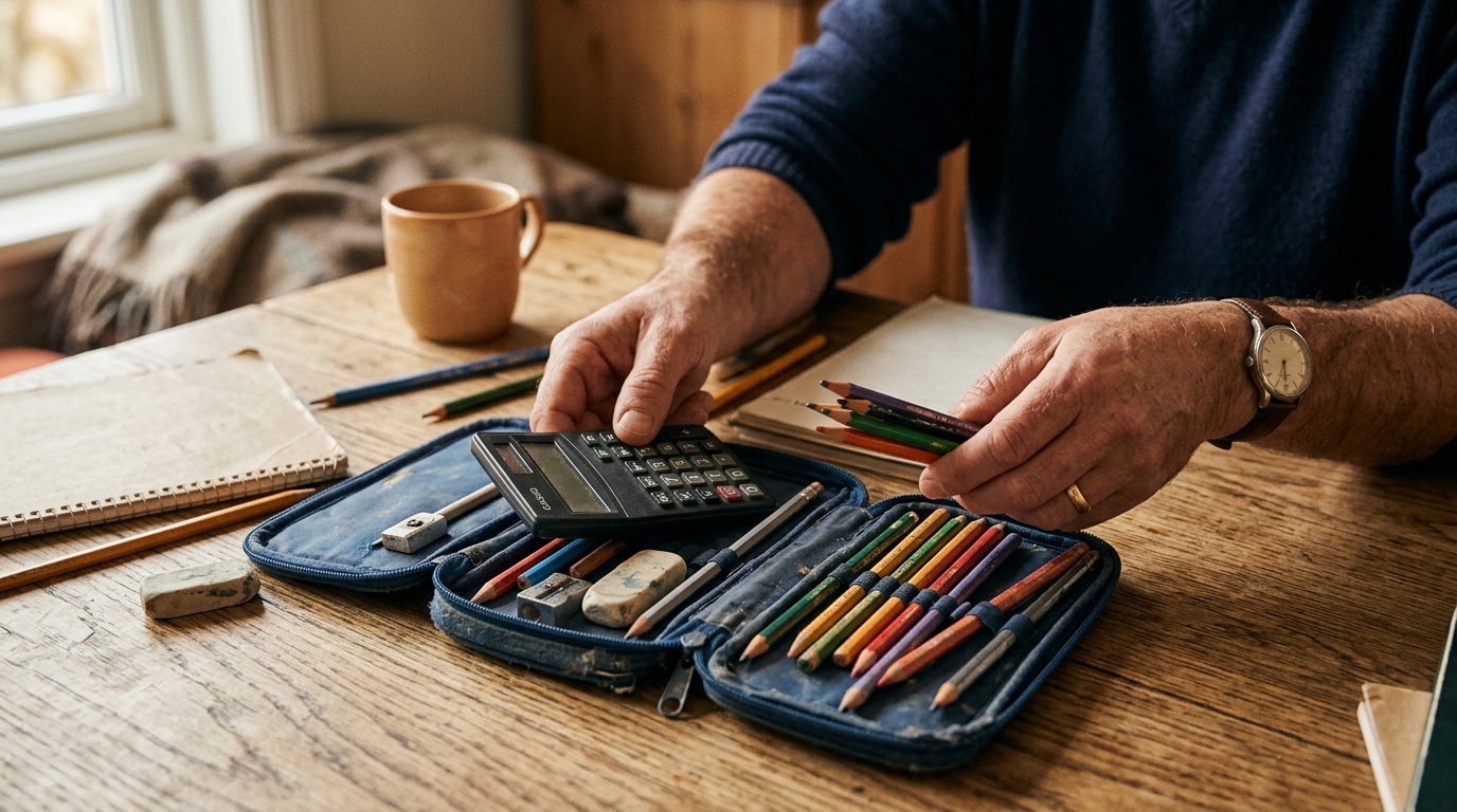 Parent qui réutilise d'anciennes fournitures scolaires à la maison