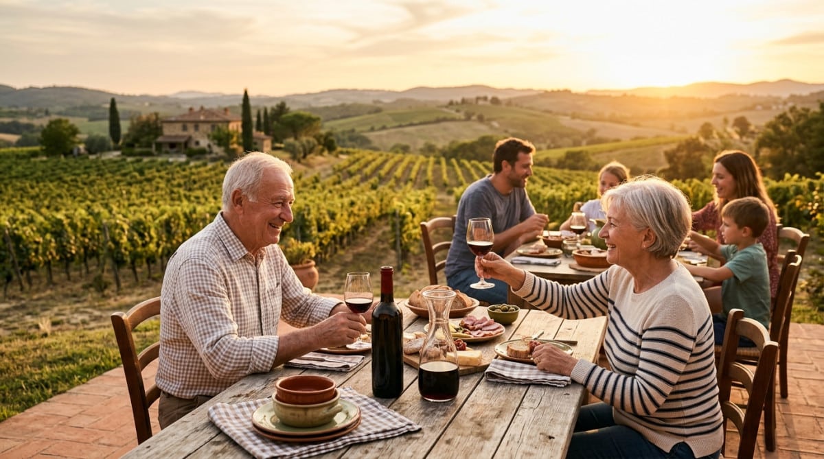 Repas convivial autour d'un verre de vin en famille