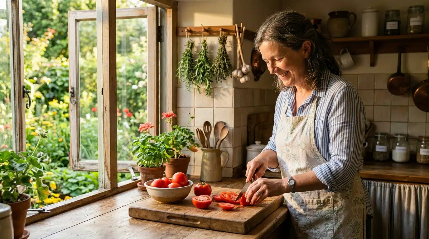 Femme souriante tranchant des tomates du jardin en cuisine