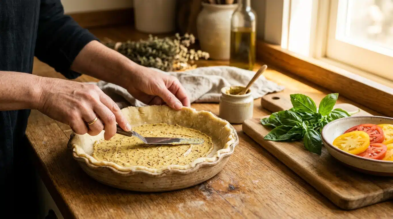 Mains étalant de la moutarde sur une pâte à tarte crue