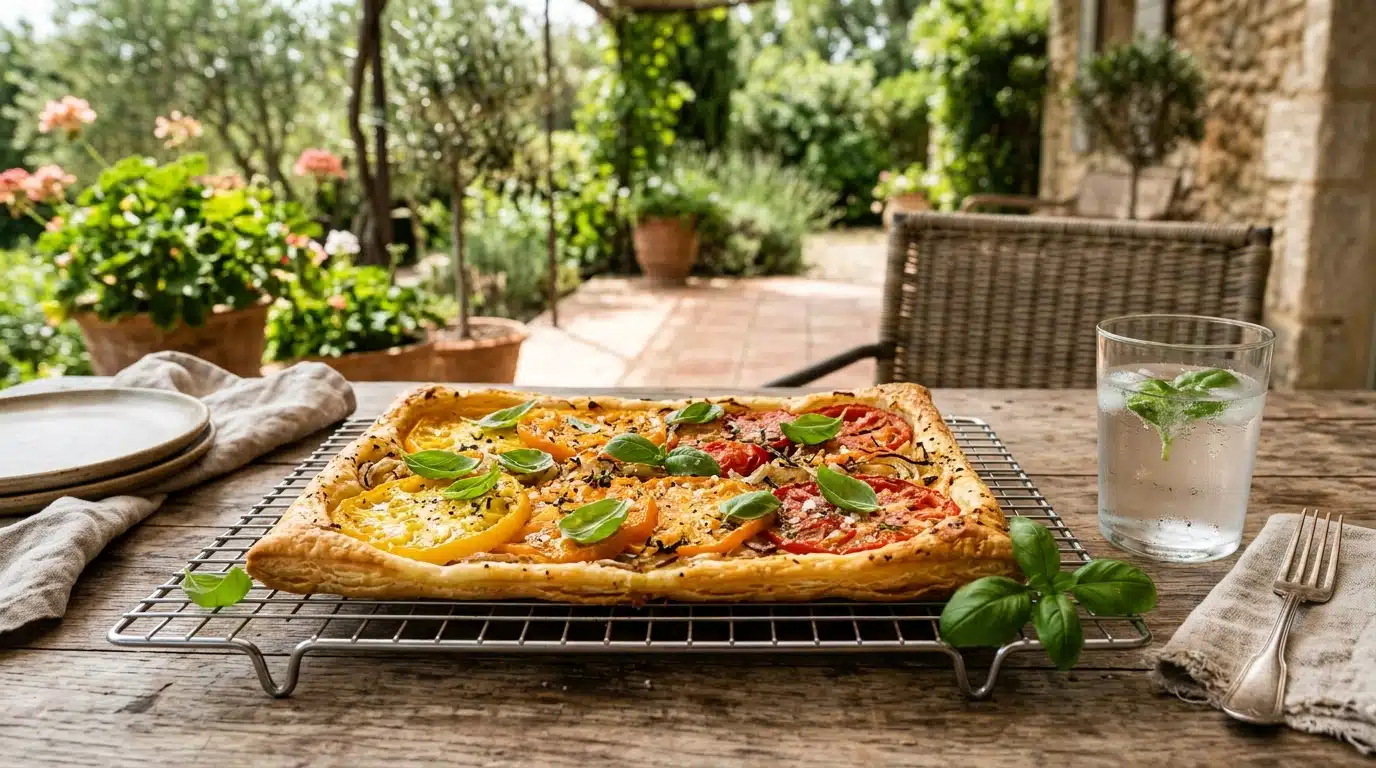 Tarte aux tomates dorée refroidissant sur une terrasse ombragée