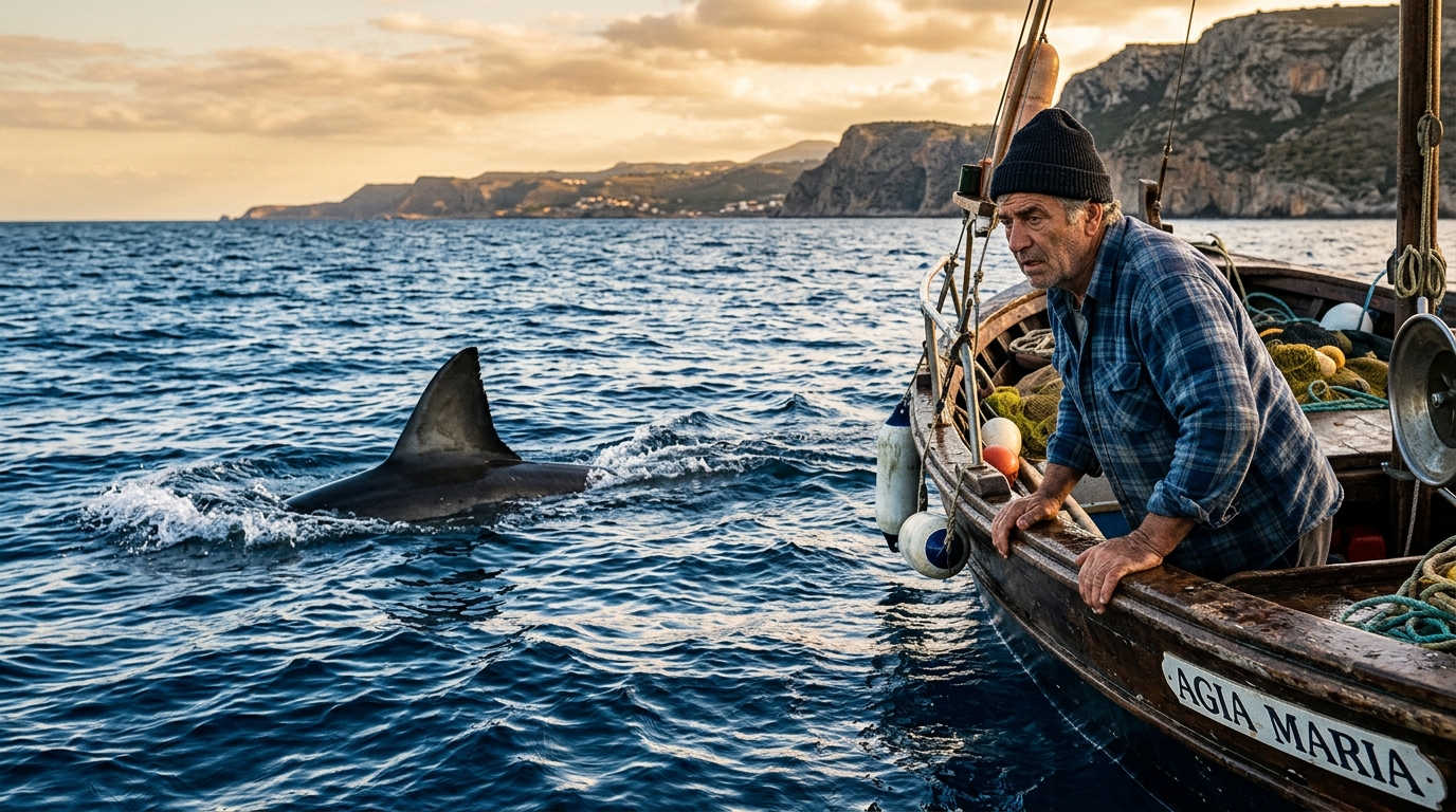 Aileron de requin blanc émergeant de la Méditerranée près d'un bateau