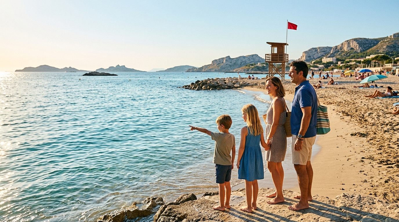 Famille de vacanciers regardant la mer sur une plage près de Marseille