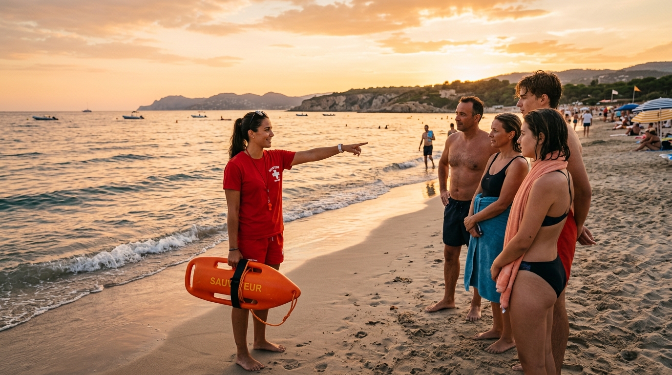 Maître-nageur rassurant des baigneurs sur une plage française