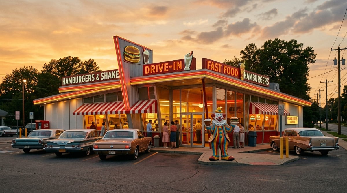 Restaurant fast-food vintage avec statue de clown mascotte
