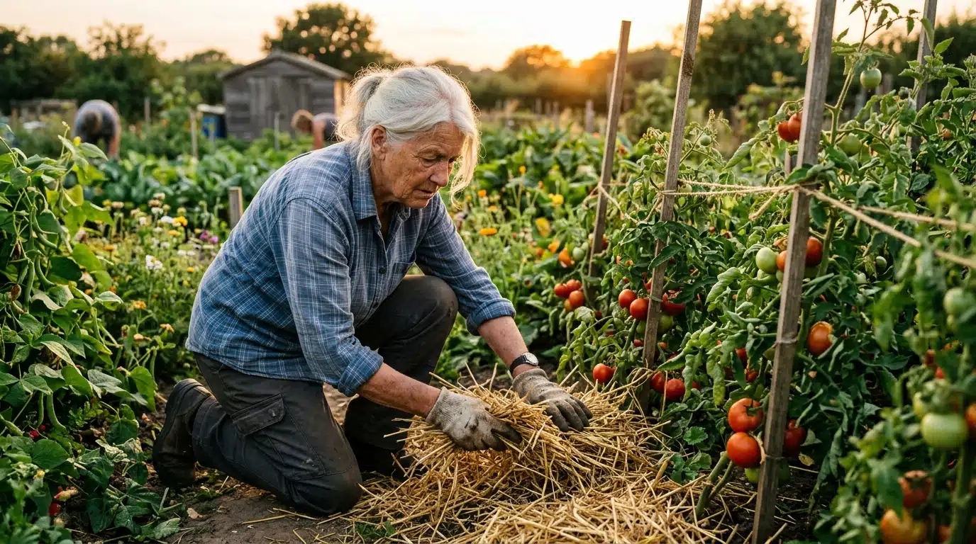Jardinier étale un paillage épais autour des tomates