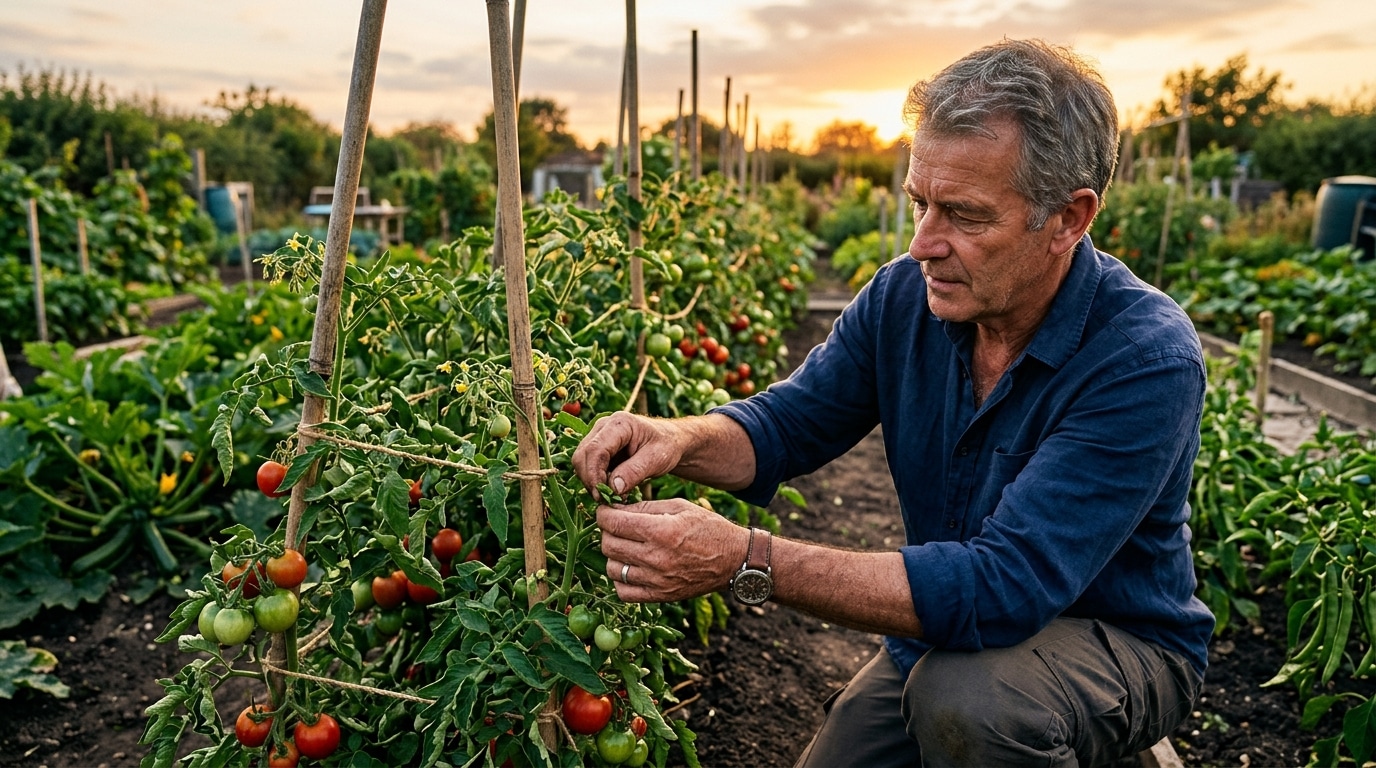 Jardinier retire un gourmand sur un plant de tomate