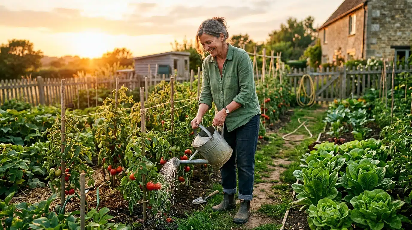 Femme arrosant son potager le soir avec un arrosoir