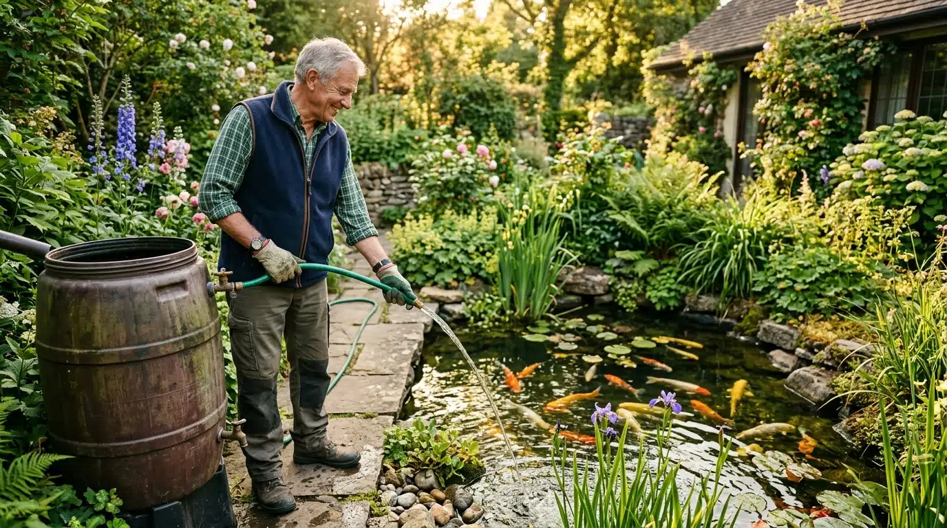 Homme remplissant un bassin de jardin avec eau de pluie