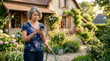 Femme inquiète arrosant son jardin en été