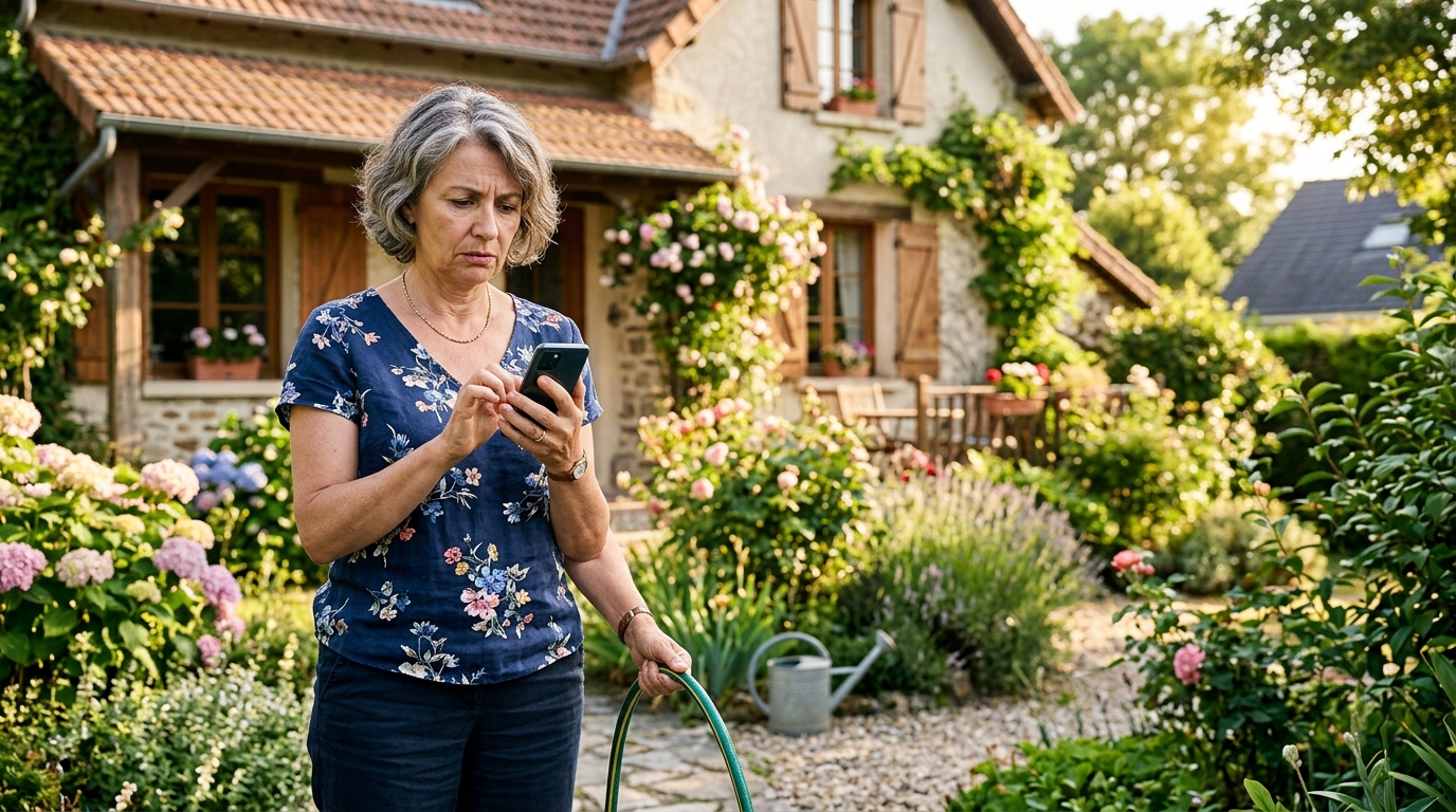 Femme inquiète arrosant son jardin en été