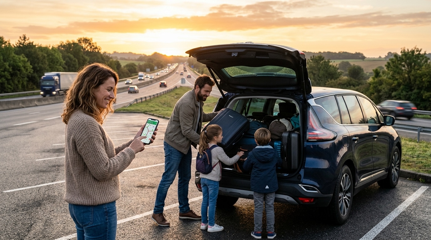 Famille chargeant la voiture tôt le matin avant le départ