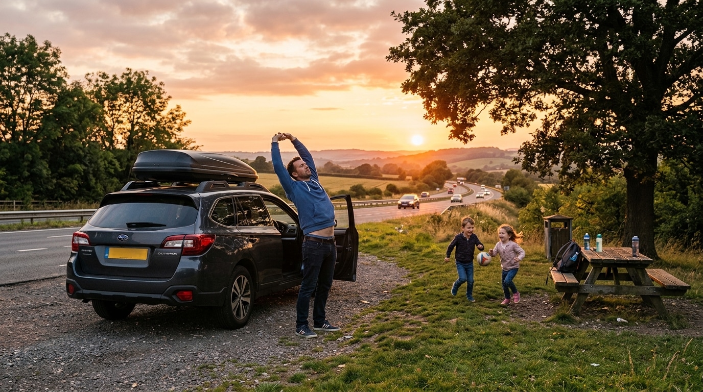 Pause sur une aire d'autoroute au coucher du soleil