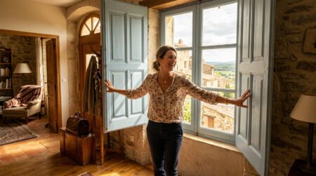 Femme ouvrant les volets en rentrant de vacances
